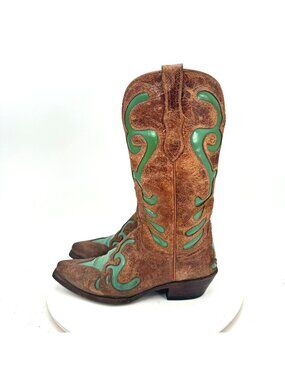 Ferrint Women Size 7B Brown Green Teal Leather Pull On Western Cowboy Boot